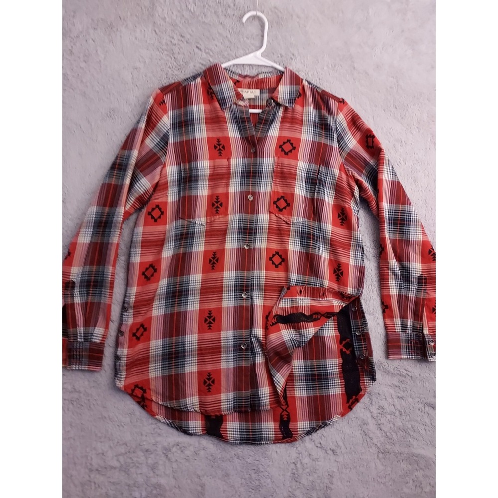 Ariat Shirt Womens Small Split‎ Hem Cowboy Aztec Rodeo Southwestern Red Navajo